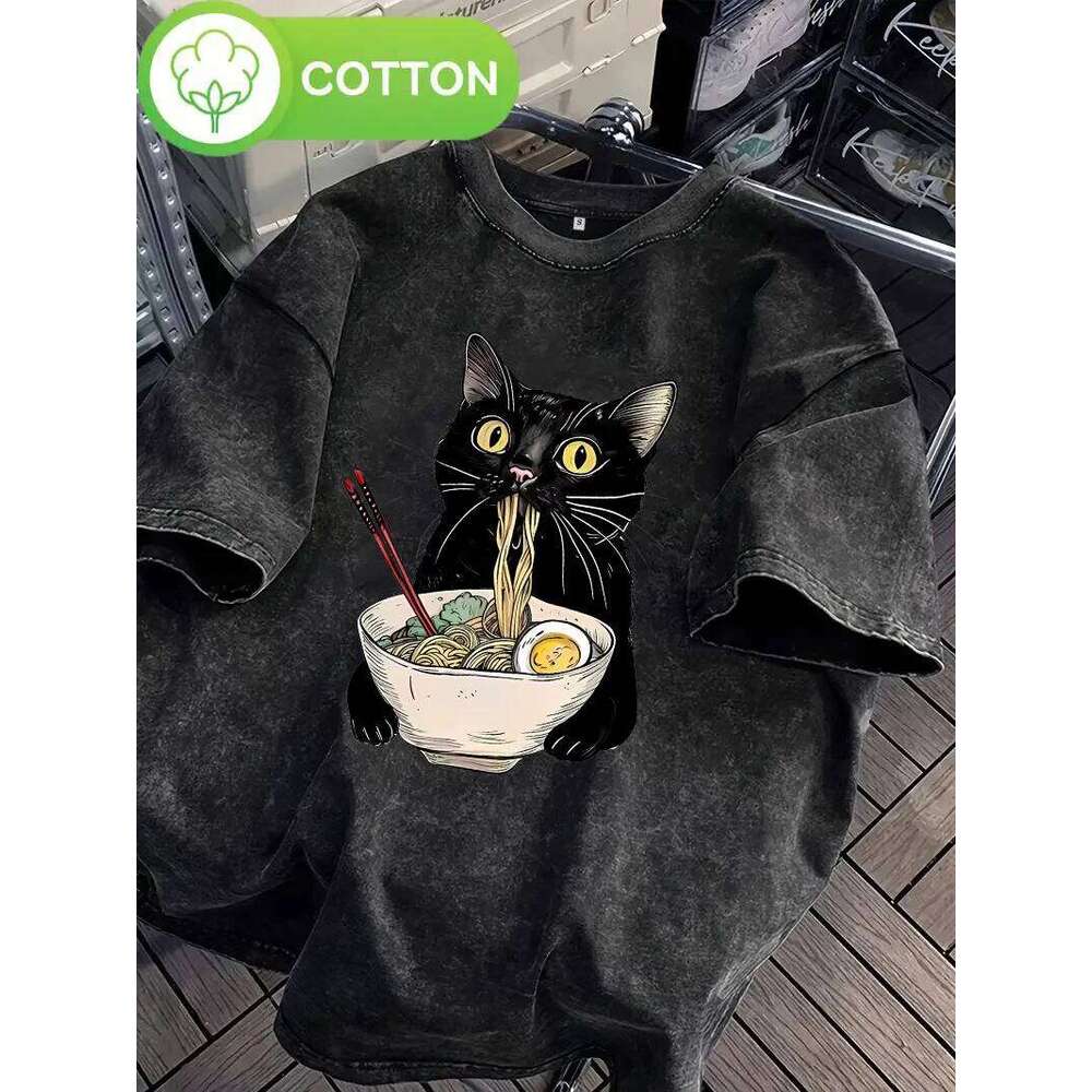 Unisex Hip Hop T Shirt Vintage Washed 100% Cotton T-Shirt Black Retro Cat Eating Ramen Graphic Tee Casual Streetwear X260209