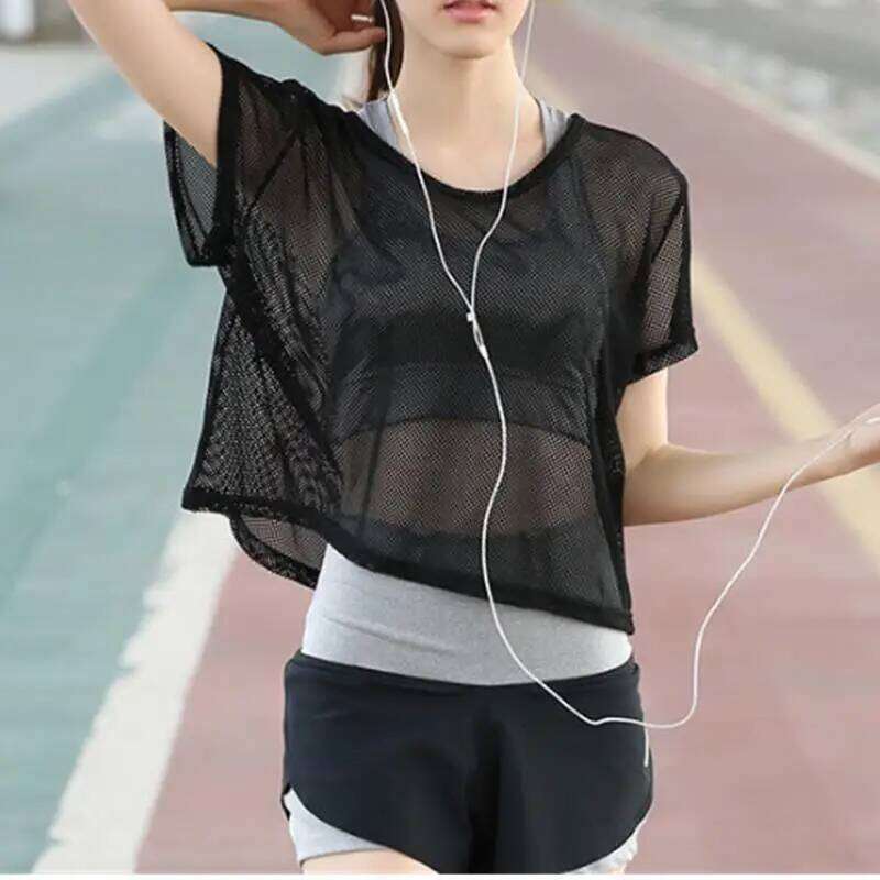 Women's Mesh Yoga Shirt Sexy Short Sleeve T-Shirt Sport Top Blouse Cover Up Quick Dry Gym Clothes Running Fitness Tank Sportwear 26Y0208