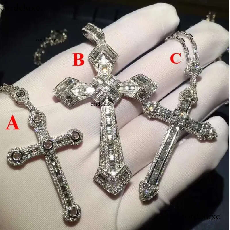 Rulalei Vintage Gorgeous Big 5A Cubic Zircon CZ Dia Sterling sier Cross Pendant Necklace for Women Men Party Wedding jewelry Gift 9b
