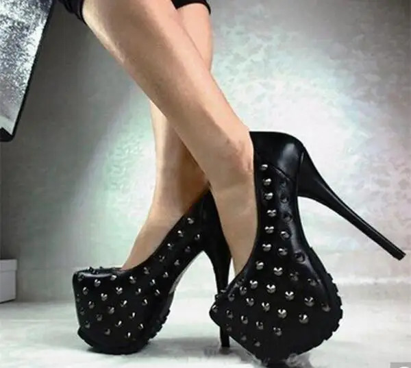 selling punk style solid black color round toe rivets studded high platform dress shoes spike heel woman pumps big size 43 260208