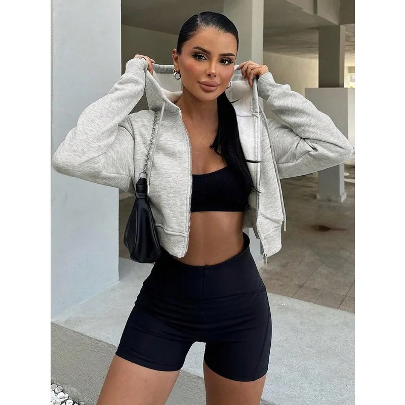Womens Long Sleeve Hooded Zipper Cardigan Cropped Sweatshirt Casual Versatile Apparel European and American Hoodies Women 260126