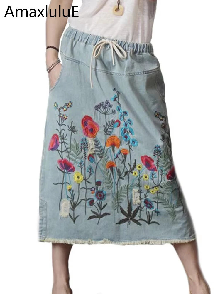 Amax luluE Korean n Summer Clothes Womens y Vintage Loose Denim Skirts Ladies Casual Floral Embroidery Streetwear 260126