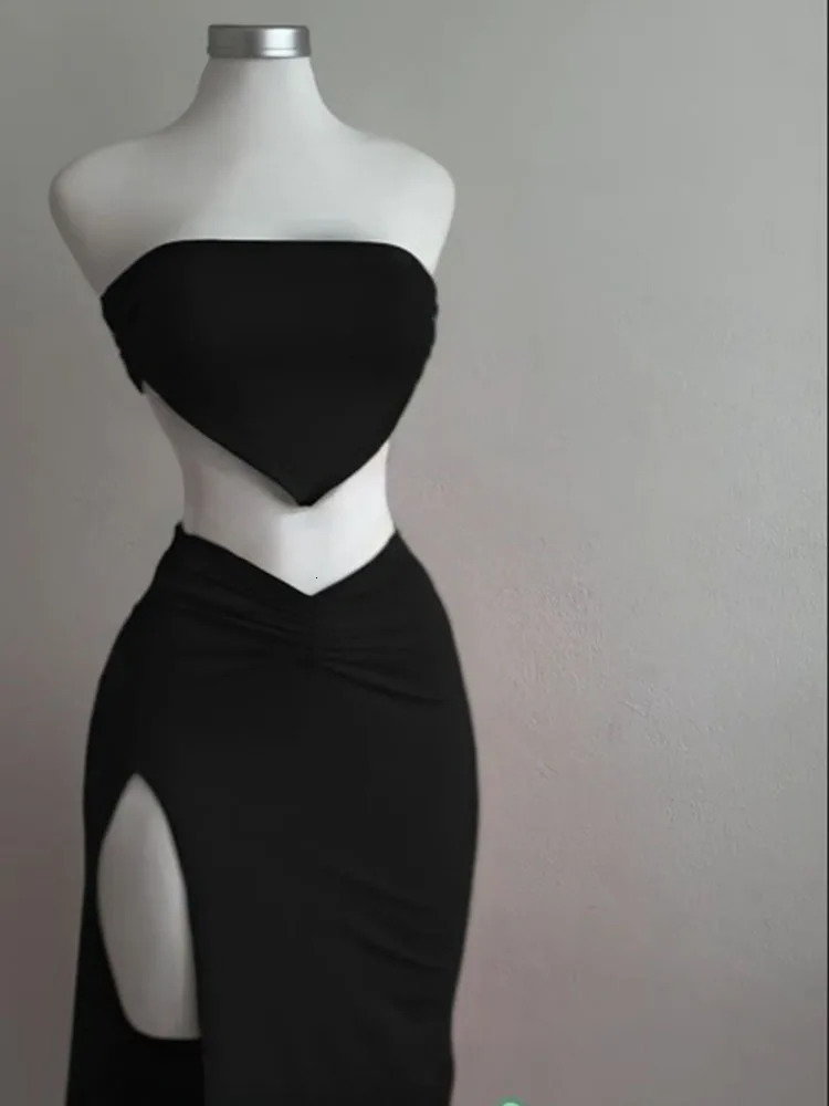 Strapless Backless Crop Top High Waist Skirt 2 Piece Set Women Summer Sexy Slim Fit Split Midi Dress Tube Suits Party Club Sets 260208