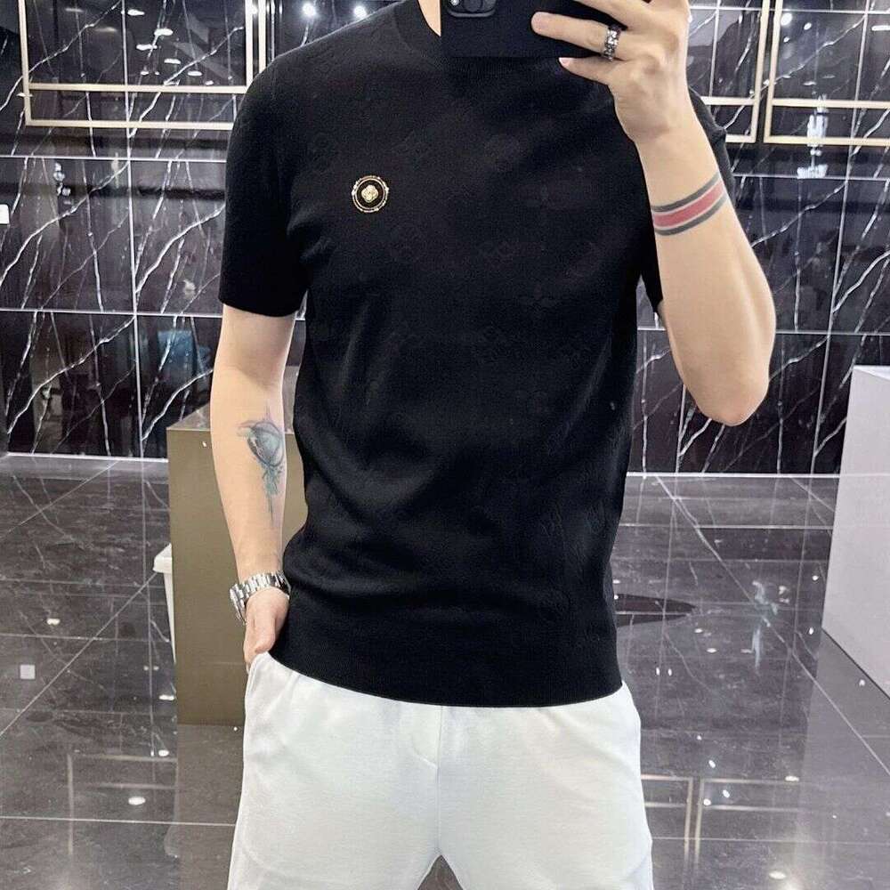High-End Short-Sleeve Sweater 2023 Autumn And Winter New Men's Jacquard Knit Half-Sleeve Wool Shirt With Round Neck