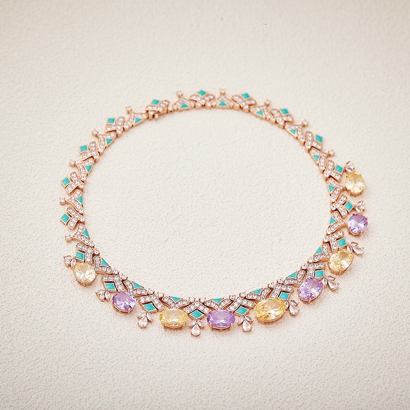 Necklace New Egg-Shaped Yellow Diamond Evening With Intricate Necklace Color-Blocking Light Blue Enamel, High-End Feel Dress Collarbone Chain Necklace