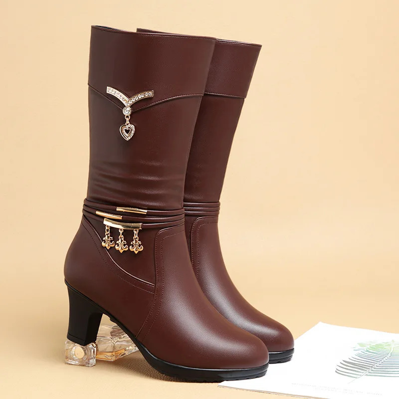 Women Comfortable Fleece Medium Boots Autumn Winter Style Thick Heel Side Zipper Pointed Fashion High Heels Elegant 260208