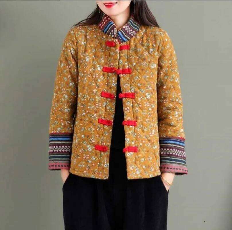 Mardi Hefxessdr Chinese Style Fashion Printing Women Cotton Jacket Winter Keep Warm Coat Ladies Casual Stand up Collar Jackets Size XL