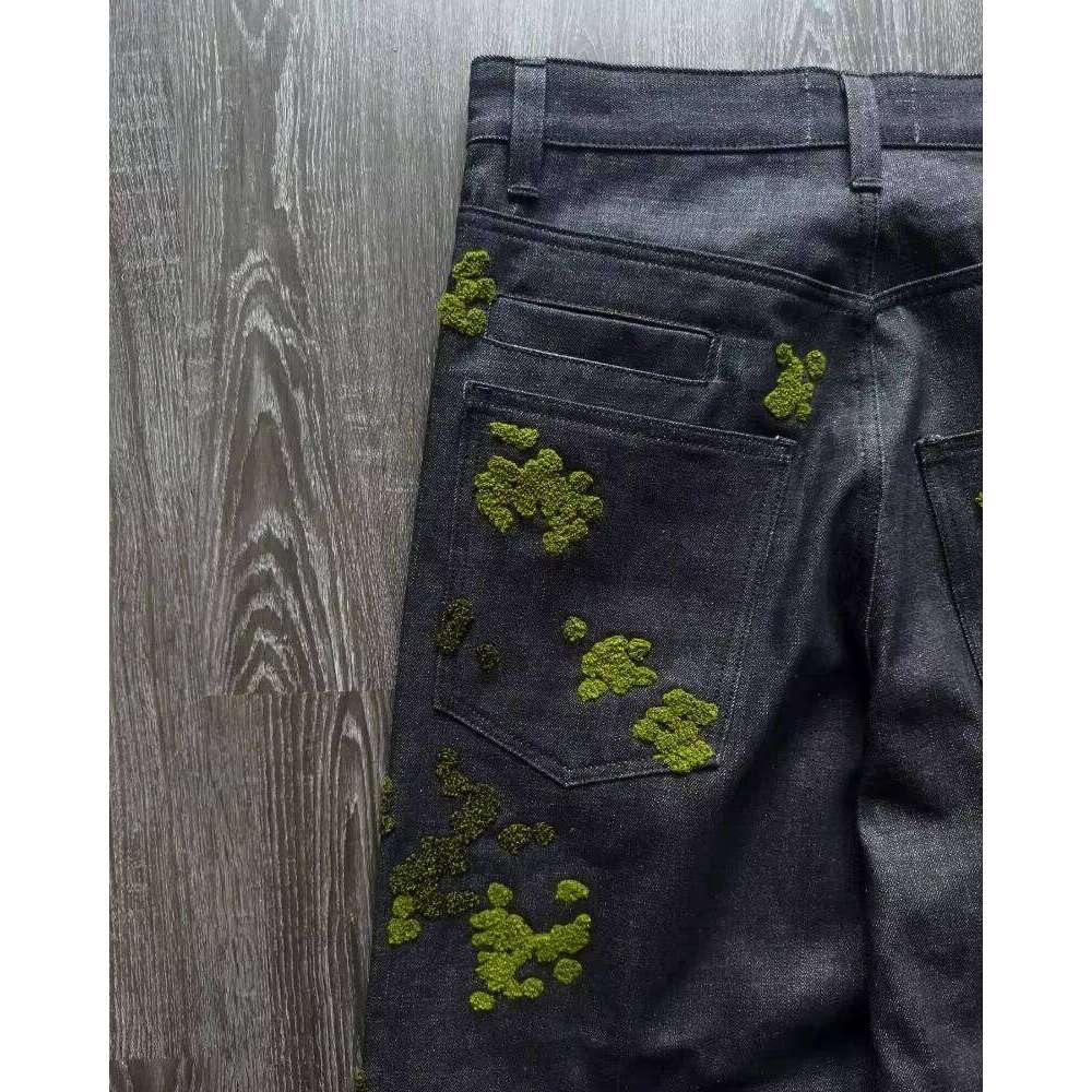 Y2K baggy Jeans Harajuku Fallen Moss Premium towel embroidery Vintage American fabric jeans Hip Hop wide leg pants streetwear
