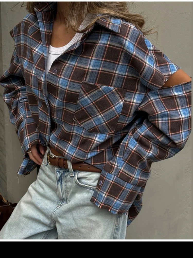 Fashion Checkered Pattern Shirts Women Elegant Lapel Long Sleeve Single Breasted Pocket Loose Top 2025 Daily Street Outerwear 260122