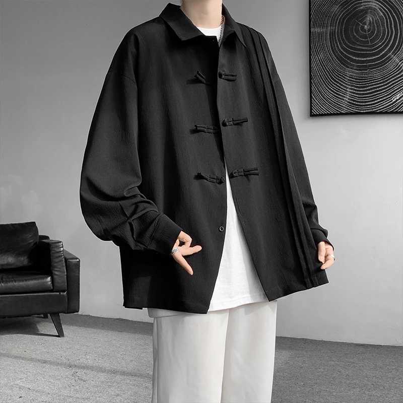 Mens Dial Buckle Solid Long Sleeve Shirt Chic Pleated Decor 2024 Spring New Loose Casual Traditional Chinese Style Clothing C260209