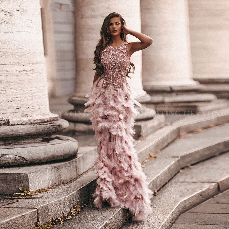 Arabic Dusty Pink 3D Floral Mermaid Feathers Prom Dresses Long African Evening Gowns Semi Formal Gala Dress Graduation Party Gown robe de soiree marie