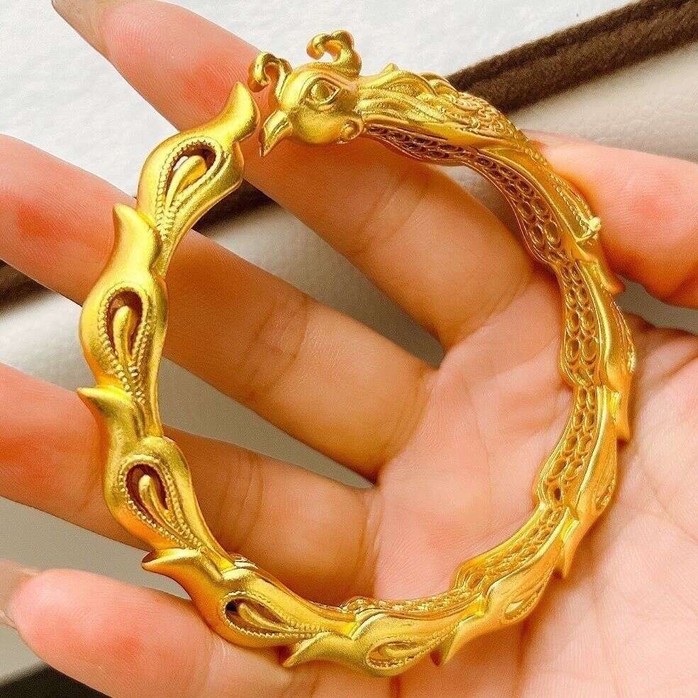 Sand-Gold Bracelet, Frosted Sand-Gold Chinese-Style For Women, Elegant Retro Palace-Style Hollow Dragon And Phoenix Bracelet