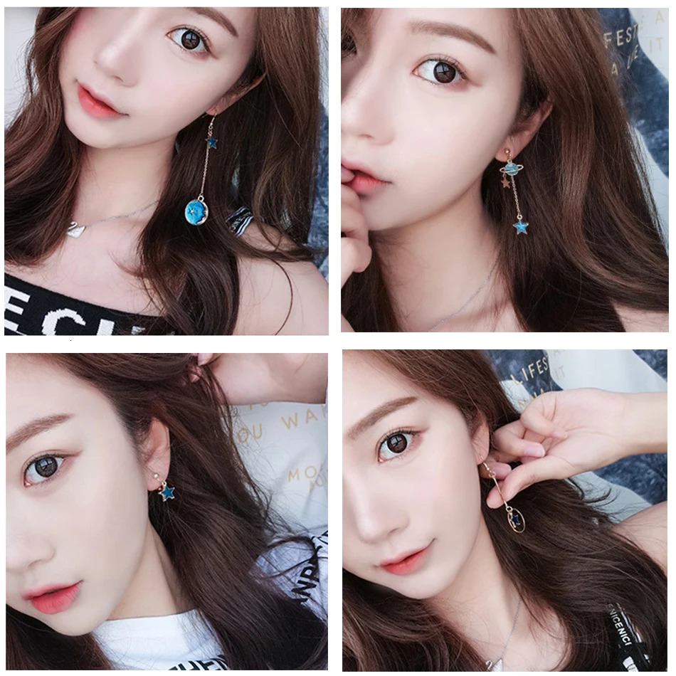 Korea Style Asymmetrical Fresh Enamel Blue Star Moon Planet Circle Clip on Earrings Non Pierced For Girl Women Party Gift 260120