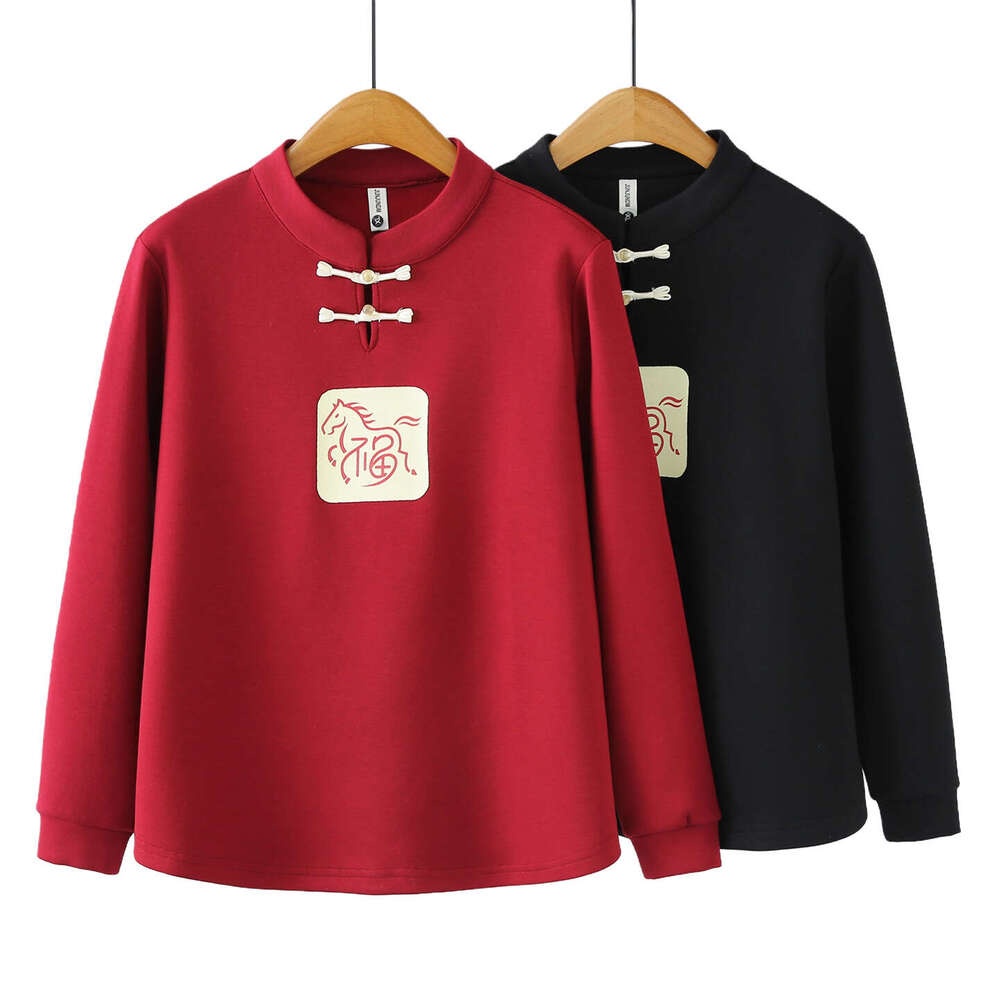 Plus Size Fleece Sweatshirt Women 100Kg Regular Shoulder Autumn Winter New For Chubby Sisters National Style Button-Up Stand Collar Base Shirt