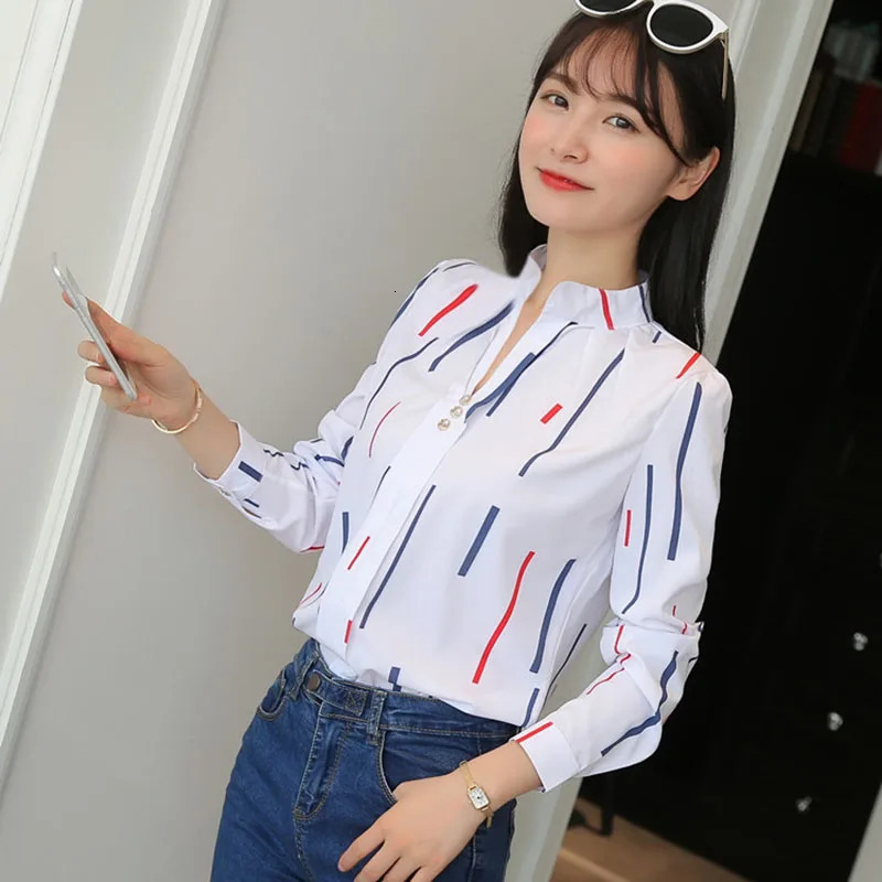 Xpqbb Autumn White Shirt for Women Fashion Stripe Print Long Sleeve Office Lady Blouses Casual Loose Standup Collar Blusas 250203