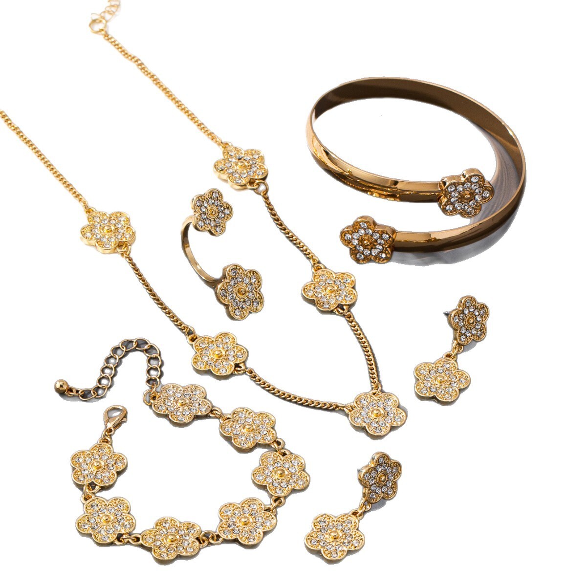 Chic Elegant Jewelry Luxurious Elegant High-End New European And American Style Fashion Five-Flower Inlaid Zircon Necklace Bracelet Earrings Set