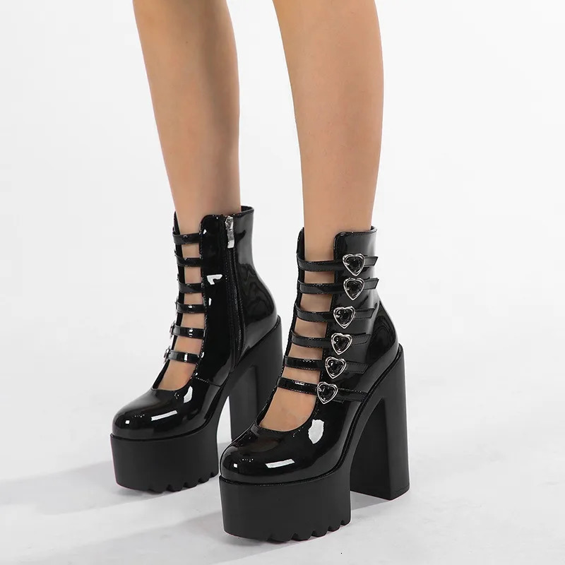 Block Heels Pumps for Women Fashion Buckle Straps Heart n Dress Shoes Side Zipper High Mary Jane Street Style 260208