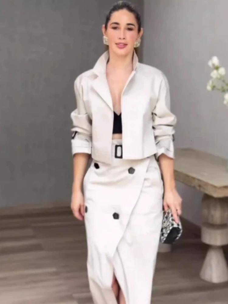 Fashion Two Piece Sets Outfits Office Lady Tracksuit Street Wear Cargo Set Long Sleeve Jacket and Wrap High Split Skirts Suit 260208