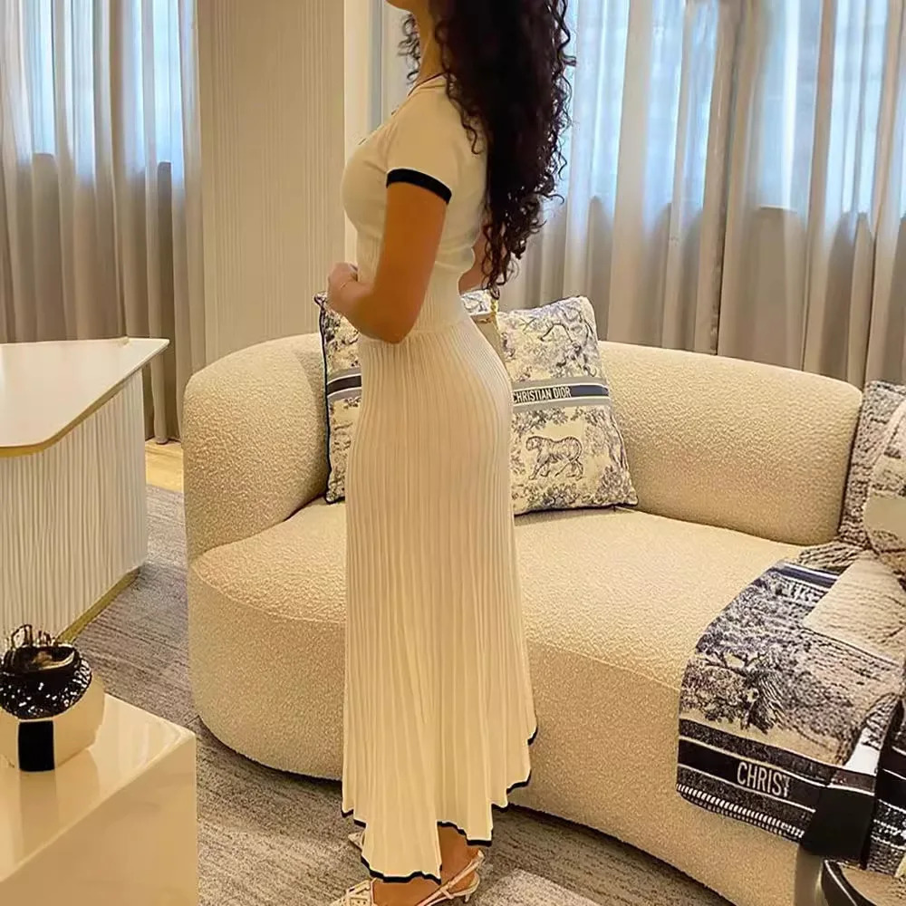 Summer Women White long Skirt Suit Short Sleeve V-neck crop top pleated set elegant dress 2 piece skirt set Plus Size S-3XL 260208