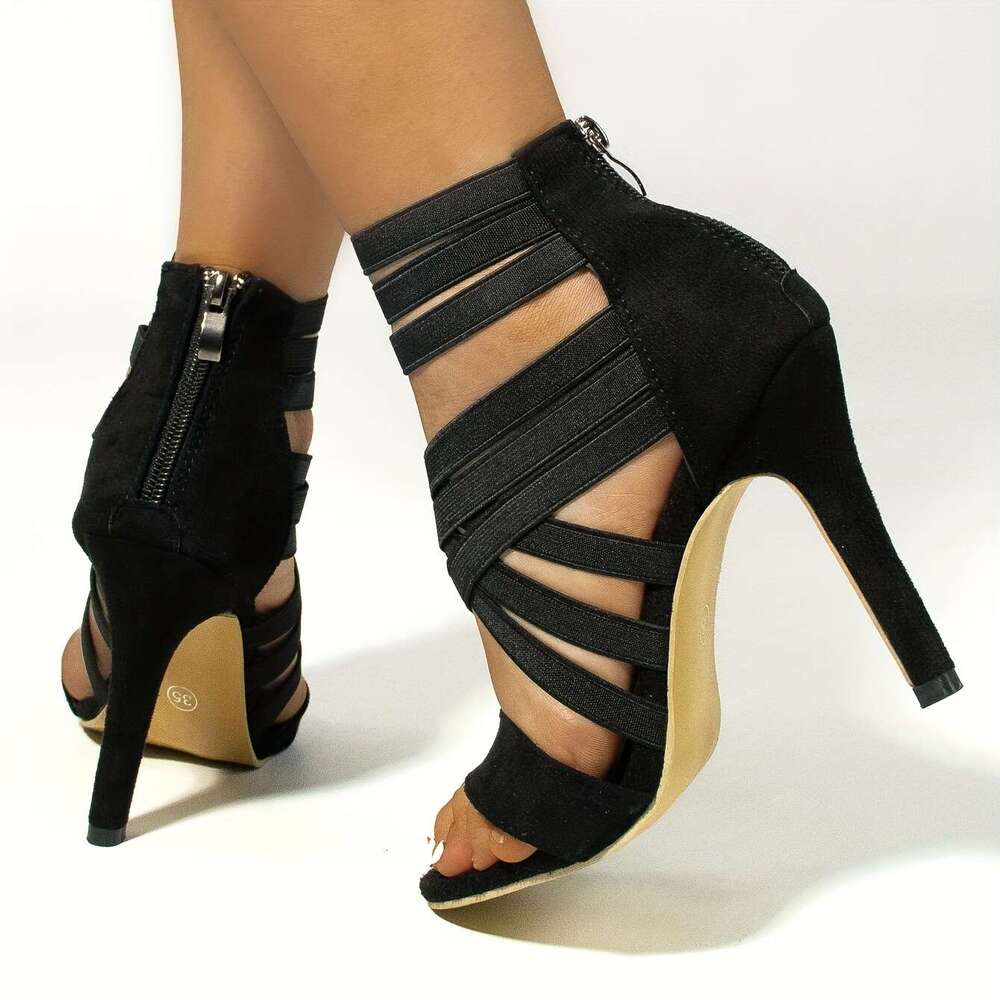 New Fashion Black High Heeled With Elastic Bands Featuring Hollow Designs A Inch Heel Perfect For Summer These Stylish Ankle Boots Are Versatile And C