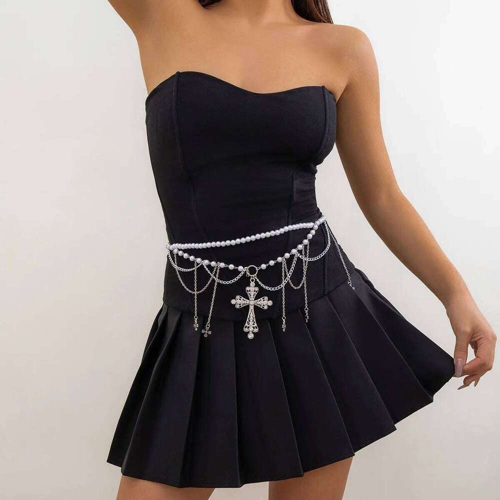 European and American Style Personalized Metal Cross Tassel Waist Women's Fashion Double Layer Imitation Pearl Body Chain X260209