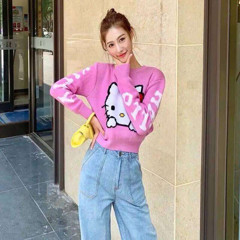 Hello Kittys Long Sleeve Knitwear Women Crop Tops Fashion Sweater Slim Fit Korean Cartoon All Match Round Neck Pullovers