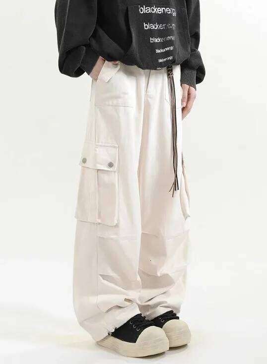 Retro Melange Brown Paratrooper Work Unisex Autumn Loose Straight-Leg Wide-Leg Casual Floor-Length Trousers