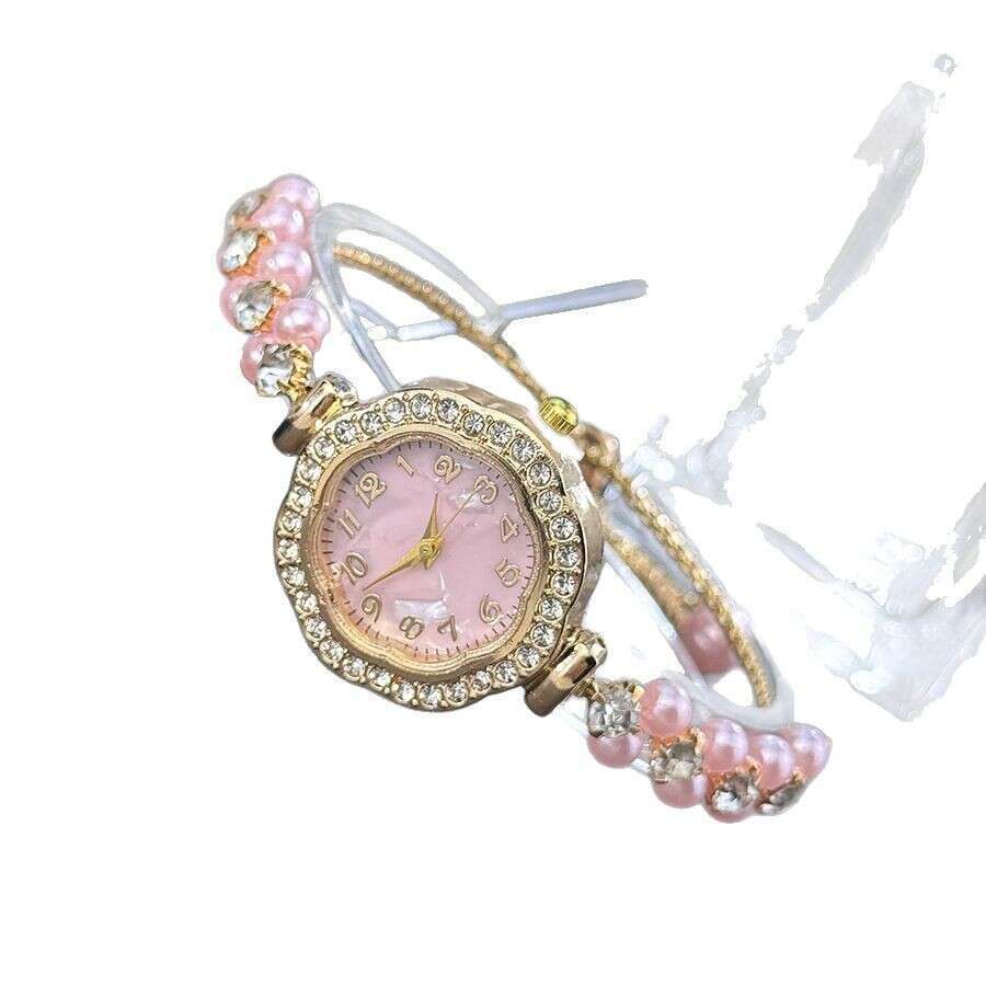 New Trendy Pearl-studded Sunflower Dial Watch With A Compact Design Thin Strap Double Row Of Pearls And Pull-out Digital Display
