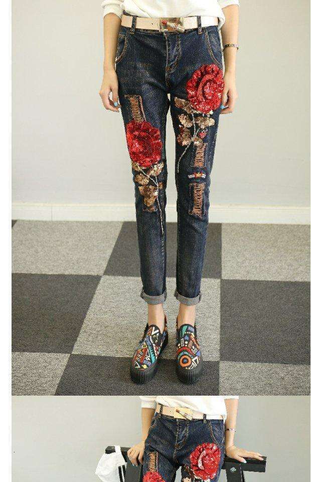 European Collection 2023 Autumn Rose Denim Jeans For Women, High Waist, Slim Fit, Fashionable, Stylish, Slimming, Skinny Pants, Trendy