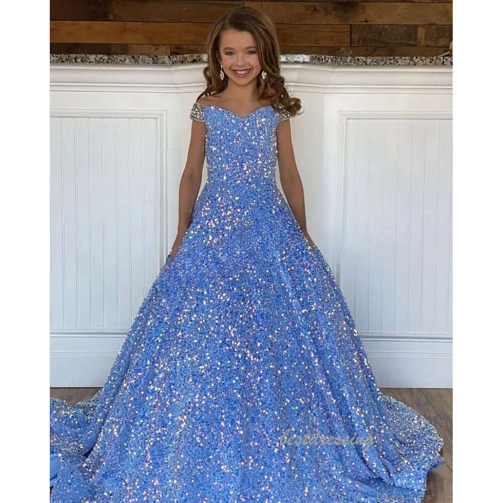 Iridescent Girl Pageant Dress Velvet Sequin Beading Off-Shoulder Little Kid Birthday Formal Party Gown A-Line Toddler Teens Preteen Floor-Length Pink 