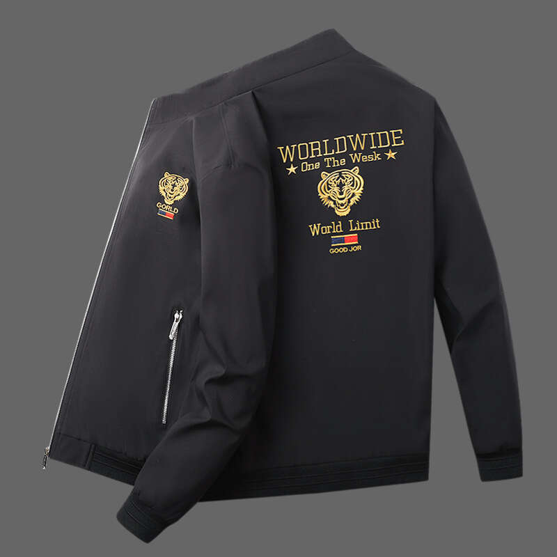 Spring And Autumn Jacket With Tiger Head Embroidery, Trendy Brand Men's Clothing, Stand-Up Collar Jacket
