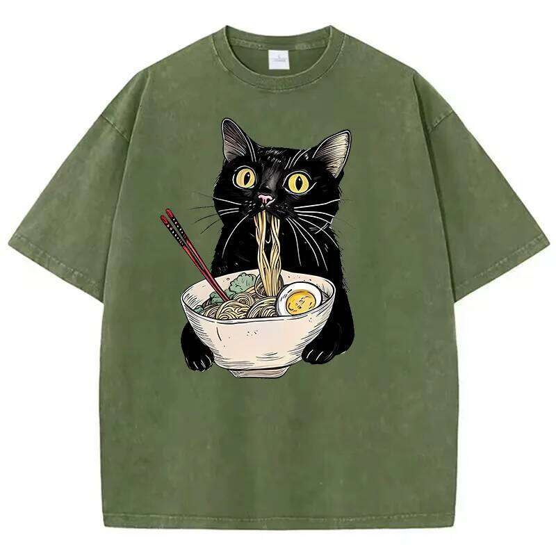 Unisex Hip Hop T Shirt Vintage Washed 100% Cotton T-Shirt Black Retro Cat Eating Ramen Graphic Tee Casual Streetwear X260209
