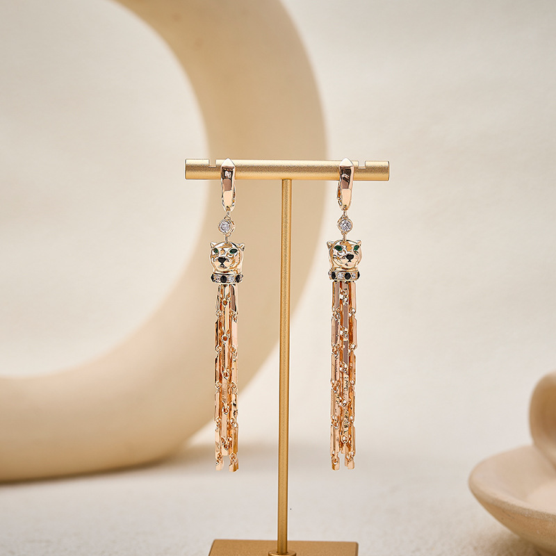 Earrings New Glossy Tassel Earrings Gold-Plated Black Glaze Personality Exaggerated Green-Eyed Leopard Earrings