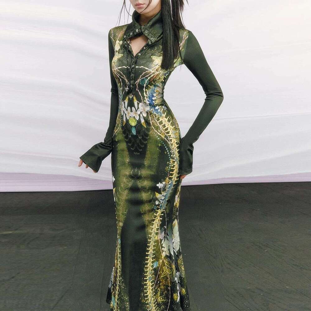 Ruisi Design Bone Print Dress For Women, Sleeve, High Collar, Unique Fishtail Long Dress, Early Spring 2026
