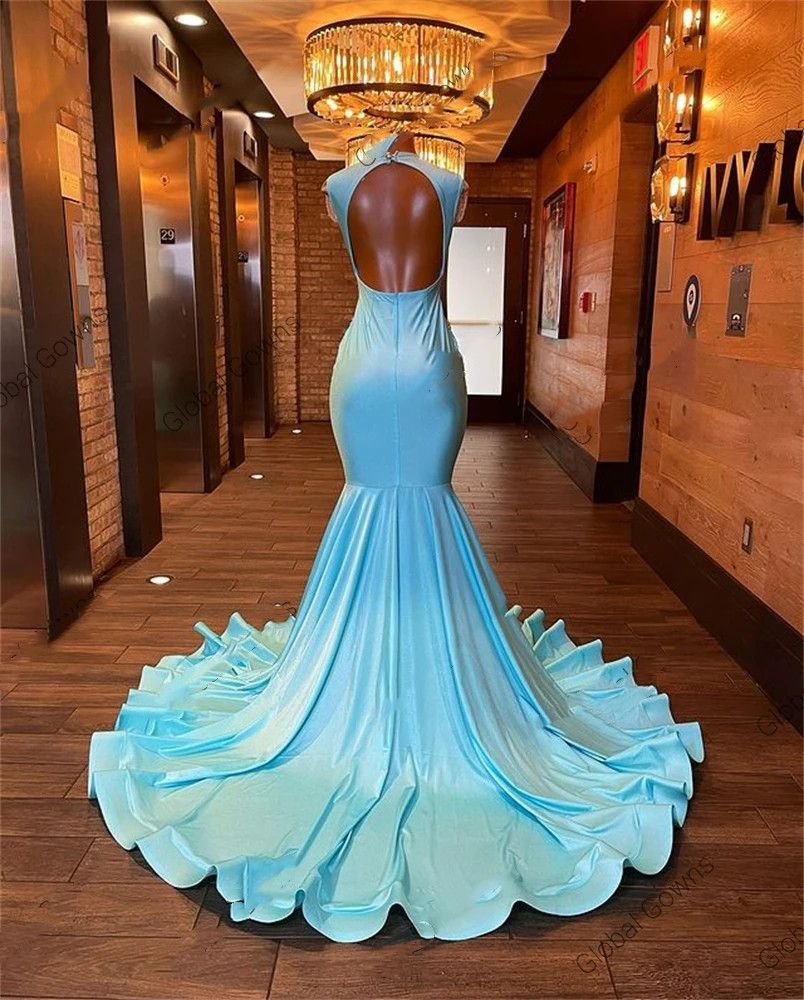 Baby Blue Sheer Neck Prom Dresses For Black Girls Beaded Crystal Diamond Birthday Party Dresses Mermaid Formal Gowns robe de soiree mariee luxe 0209