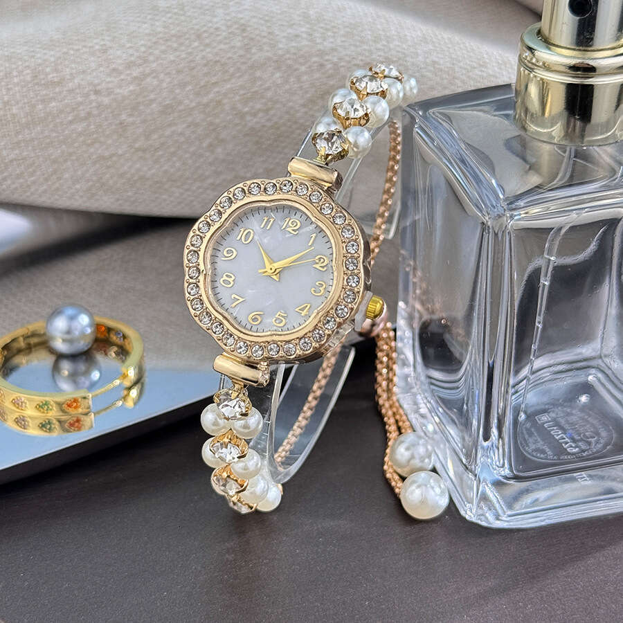 New Trendy Pearl-studded Sunflower Dial Watch With A Compact Design Thin Strap Double Row Of Pearls And Pull-out Digital Display