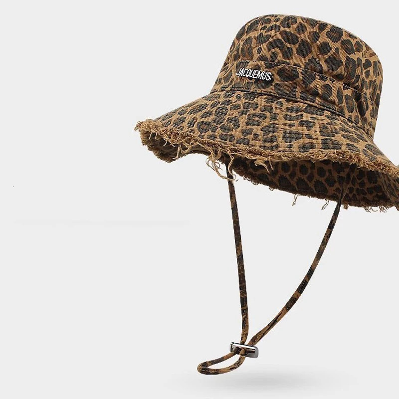 Ladies Bucket Hats Leopard Print Korean Retro Fashionable Personalized Raw Edge Bucket Hats Large Brim Outdoor Sports Sun Hats 260208