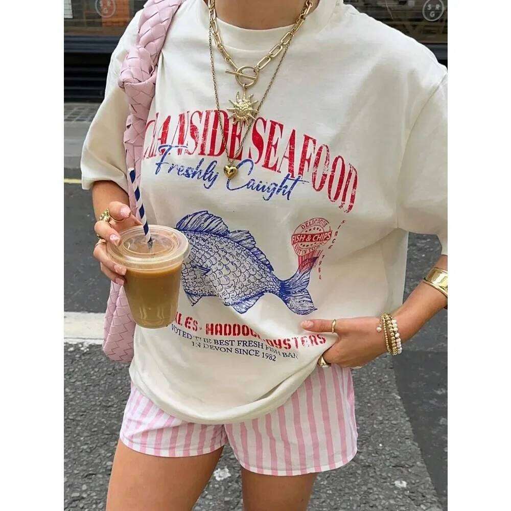 Summer American Ins Personalized Seafood Graphic T-shirts Fashion Y2K Aesthetic Street Clothing Short-sleeved Loose Tops X260209