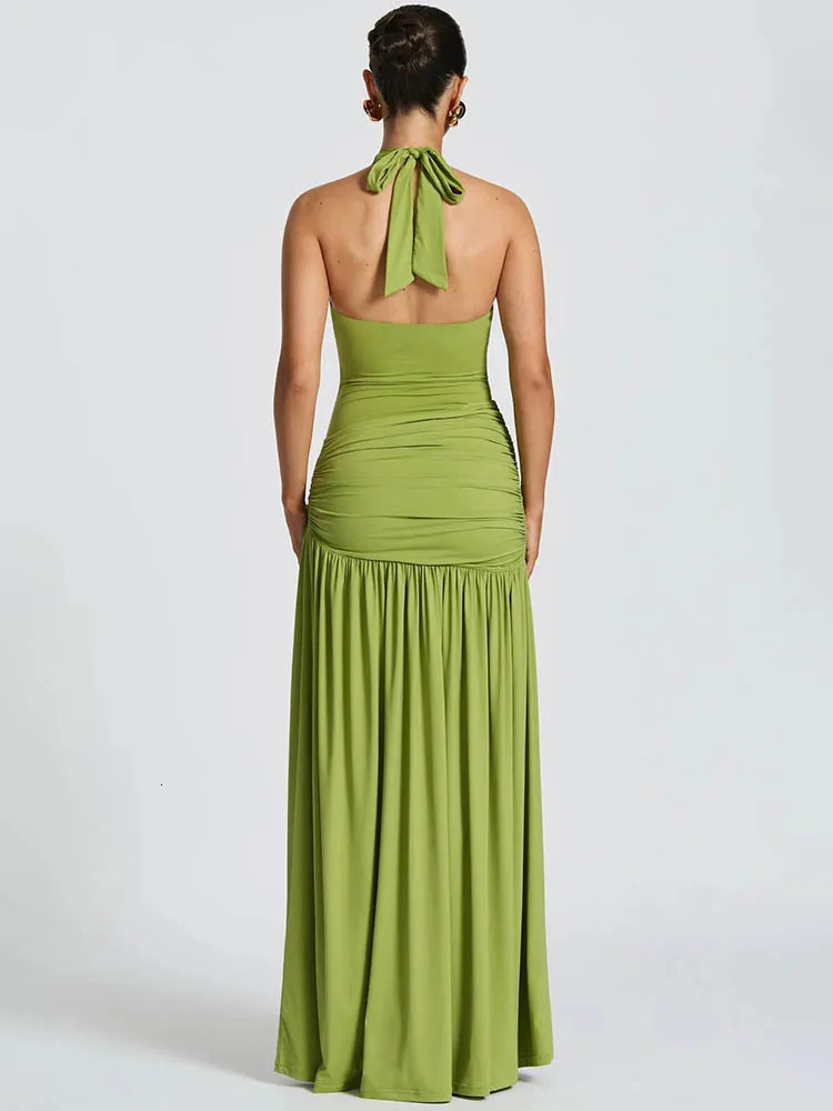 Mozision Elegant Backless Sexy Maxi Dress Set Women Halter Bodysuit And Maxi Skirt Matching Set Female Ruched Split Dress Sets 260208