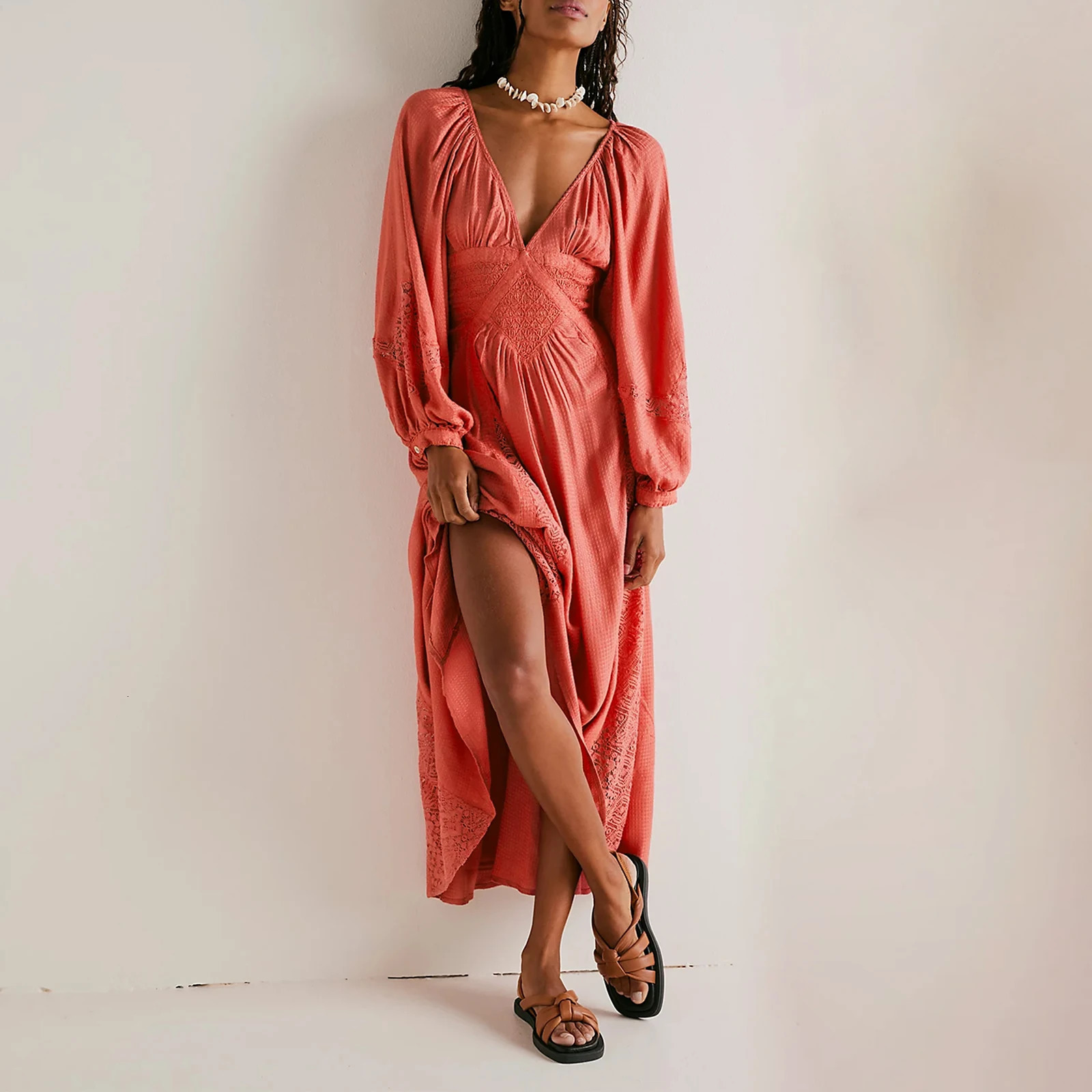 Imcute Womens V Neck Lace Patchwork Boho Cutout Loose Swing Long Sleeve Tie Waist Cocktail Wedding Party Maxi Spring Fall Dress 260118