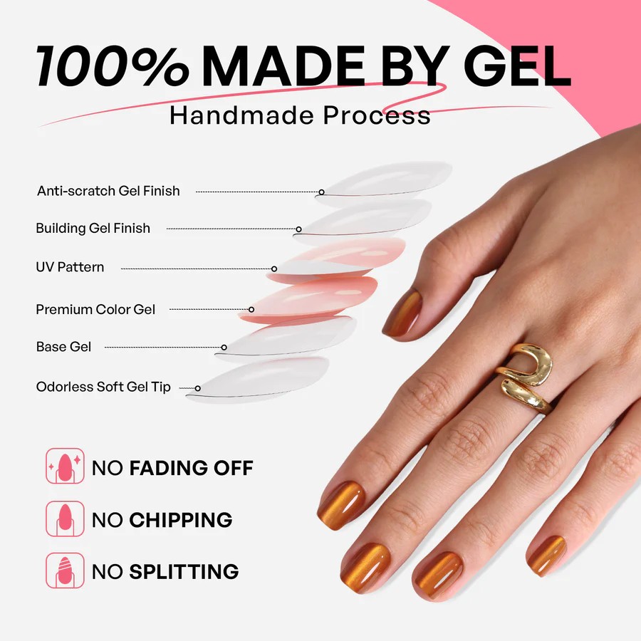 Burnt Orange Cat Eye Short Square Nails stick-on with glue included 16 sizes - 32 pieces reusable