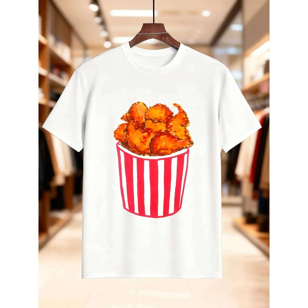 Men's Cotton Printed T-Shirt - Trendy Red & White Striped Fried Chicken Graphic, Soft Breathable Tee for Casual Wear, Summer Str X260209
