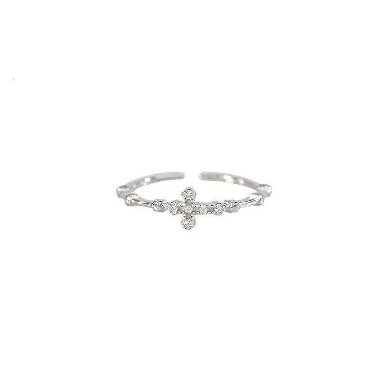 Cross Zircon Open Silver Light Luxury High-end Niche Design Exquisite Plain Band Index Finger Ring for Women