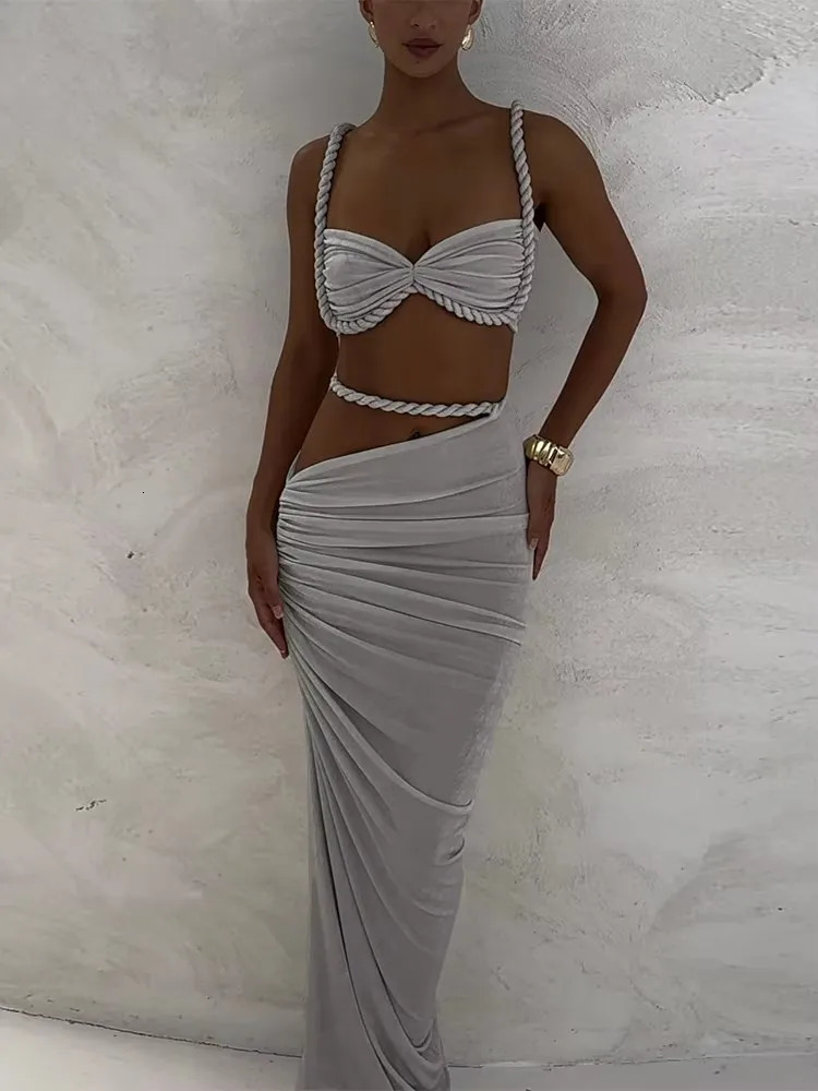 Weird Puss Bandage Ruched 2 Piece Set Women Square Collar BraSkinny Long Skirts Summer Vacation Beach Party Trend Suits 260208