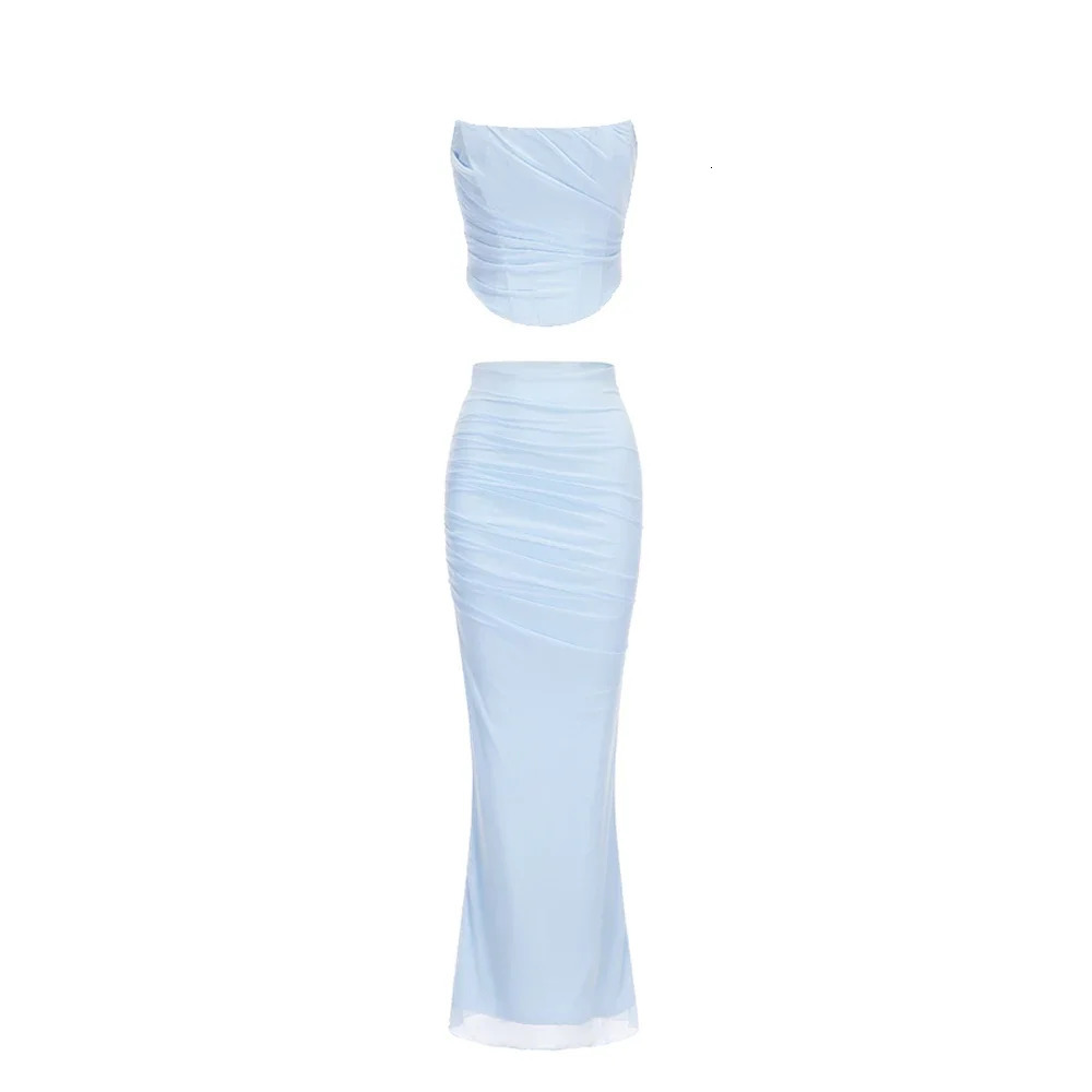 Mingmingxi Elegant Maxi Wedding Guest Dress Set Sexy Strapless Blue Cropped Top Set Bodycon Holiday Party Dresses Women 260208