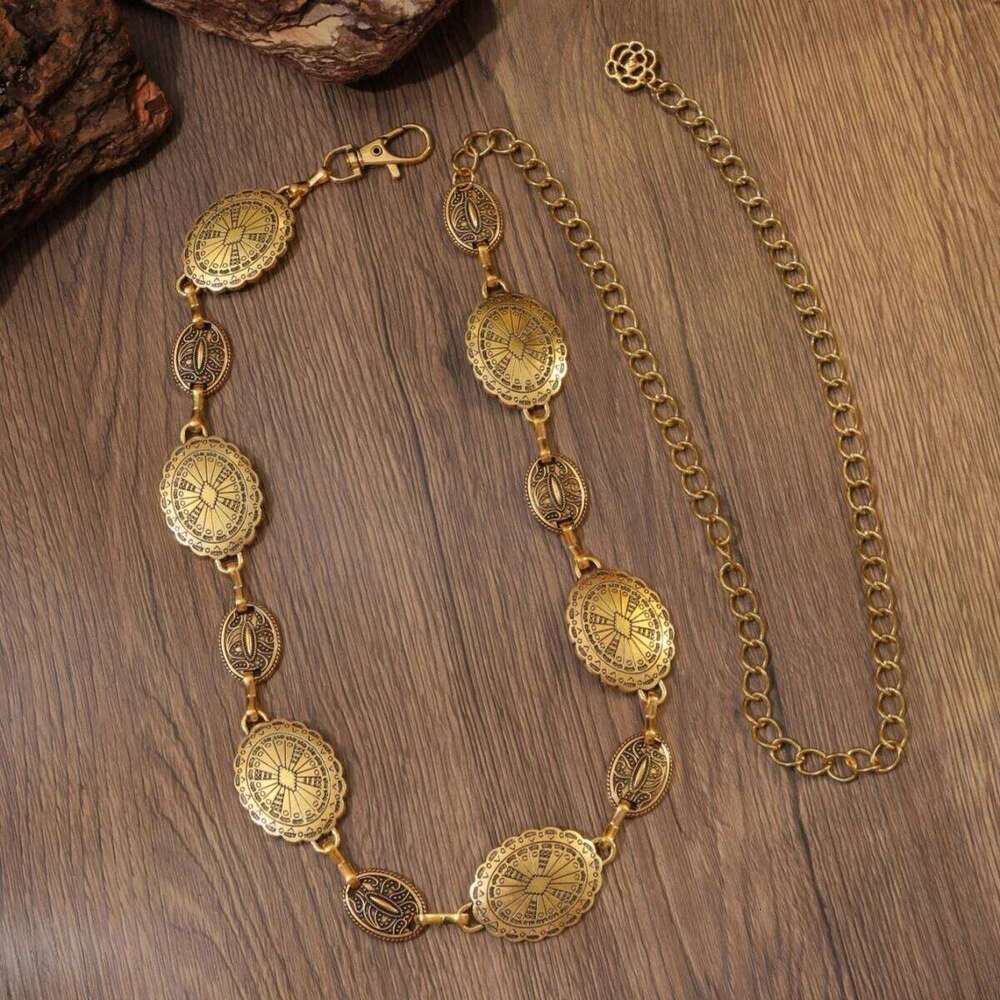 1 Pc Fashion Silver & Gold Hollow Boho Style Chain Belt, Adjustable Vintage Metal Inlay Waist Belt For Women Jewlery Accessories X260209