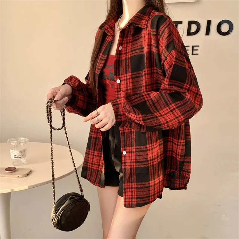 Red Plaid Shirt for Women Teen-girl Button Down Long Sleeve Collared Check Shirt Jacket Casual Fall Winter Christmas Outfit 260207