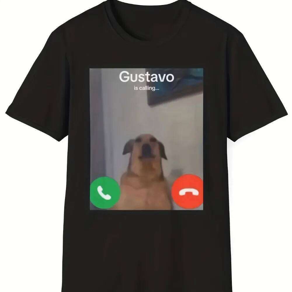 Gustavo The Dog'S Funny Phone Call Graphic T-Shirt Black Casual Short Sleeve Round Neck Tee with "Gustavo Is Calling X260209