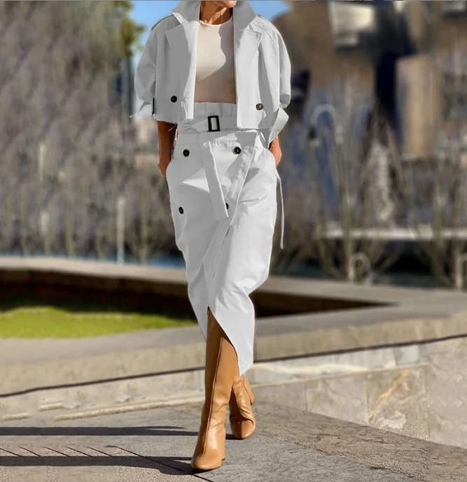 Womens Casual Temperament Two Piece Sets Outfit Notched Collar Long Sleeve Coat Skirt for Women 2 Pieces Autumn 250203