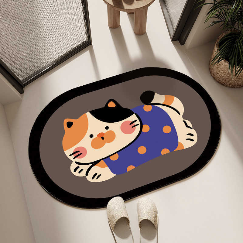 Cartoon cat crystal velvet floor mat bathroom absorbent non-slip quick-drying foot mat dirt-resistant entrance mat easy to maintain S260207
